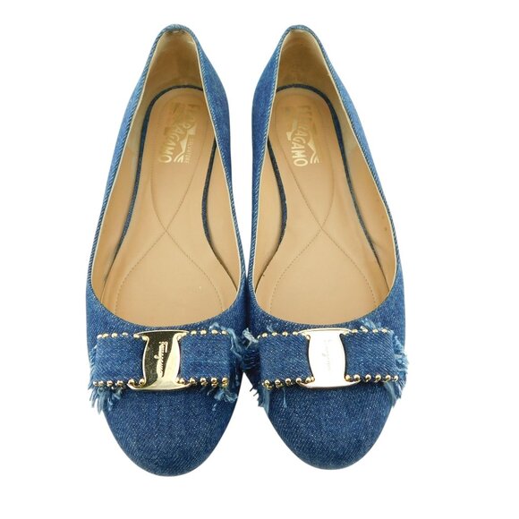 FERRAGAMO Vara Logo Studded Bow Denim Blue Jean Ballet Flats 9 - Picture 2 of 7